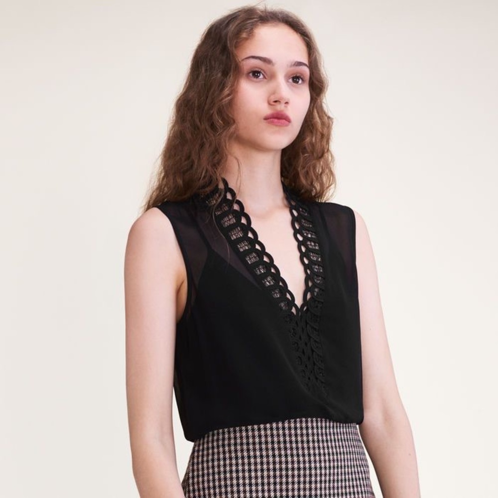 Maje Lenta Scallop-Trim Top Black Sleeveless b3a